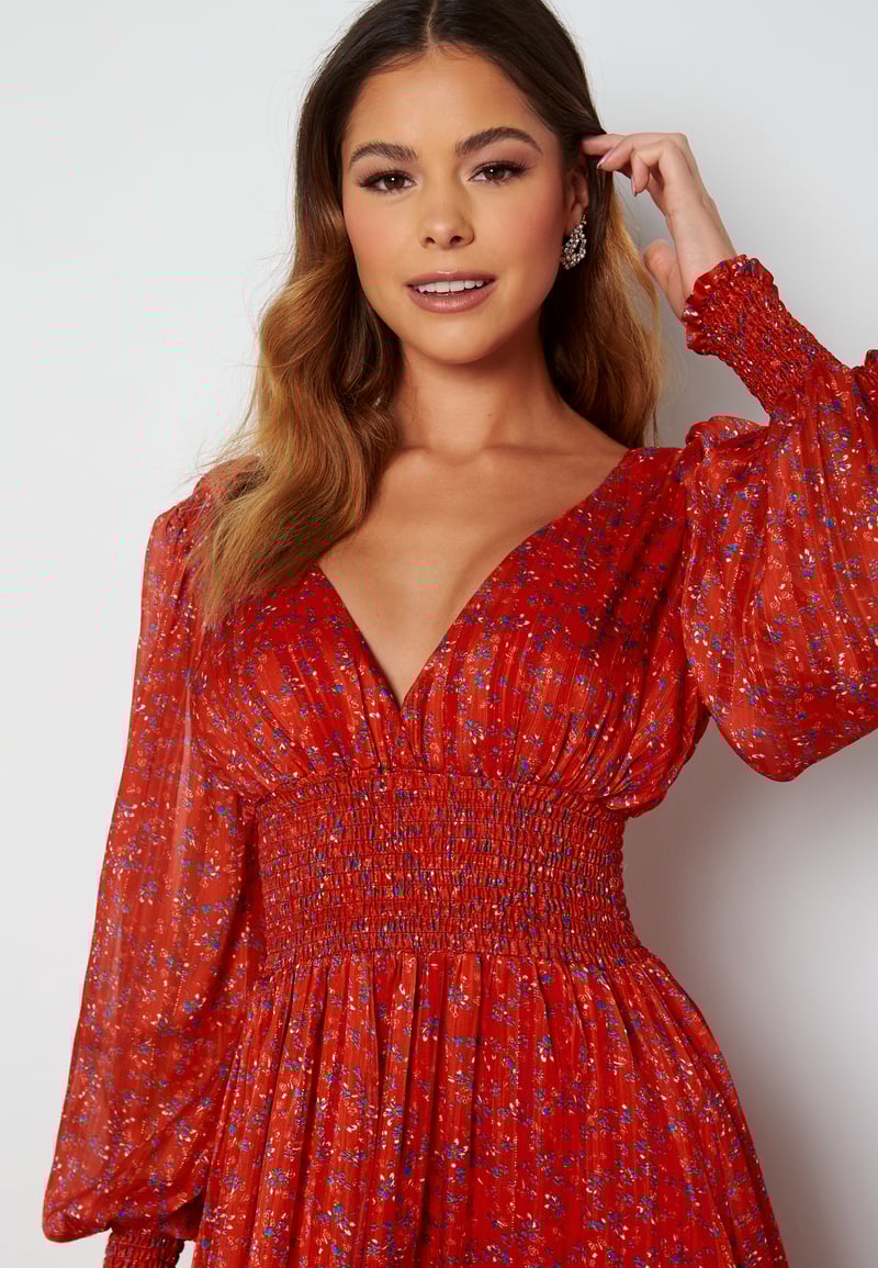 Goddiva Ditsy Long Sleeve Shirred Maxi Dress