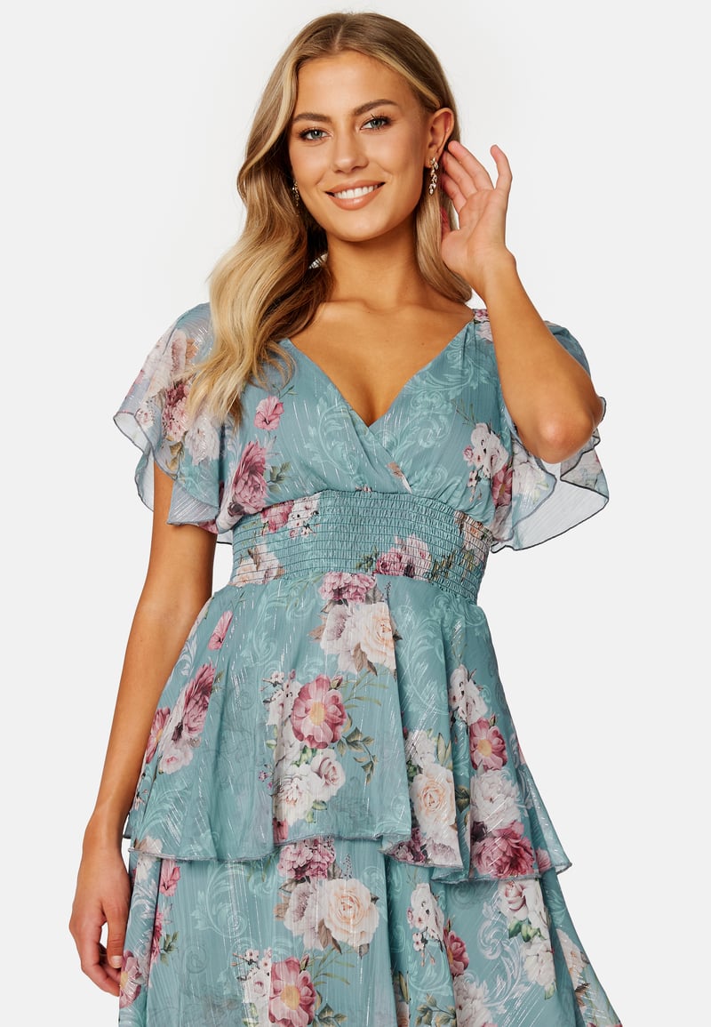Goddiva Floral Flutter Tiered Midi Dress