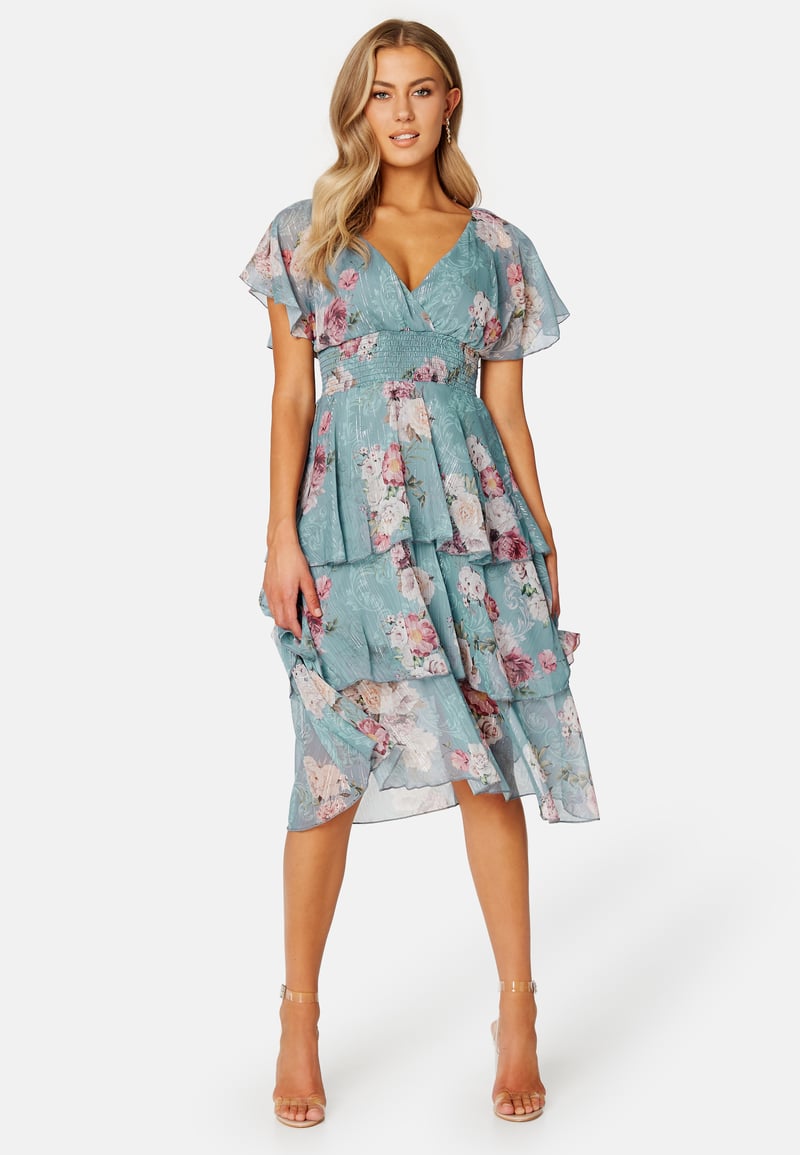 Goddiva Floral Flutter Tiered Midi Dress