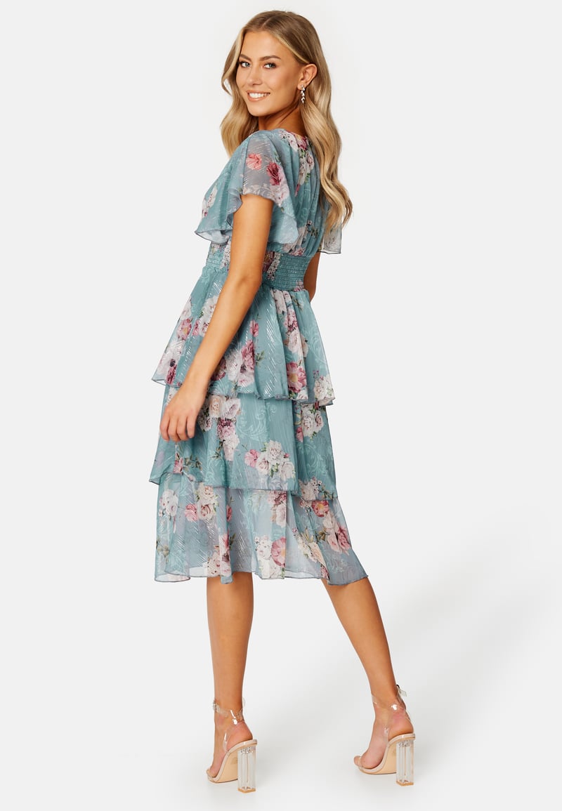 Goddiva Floral Flutter Tiered Midi Dress