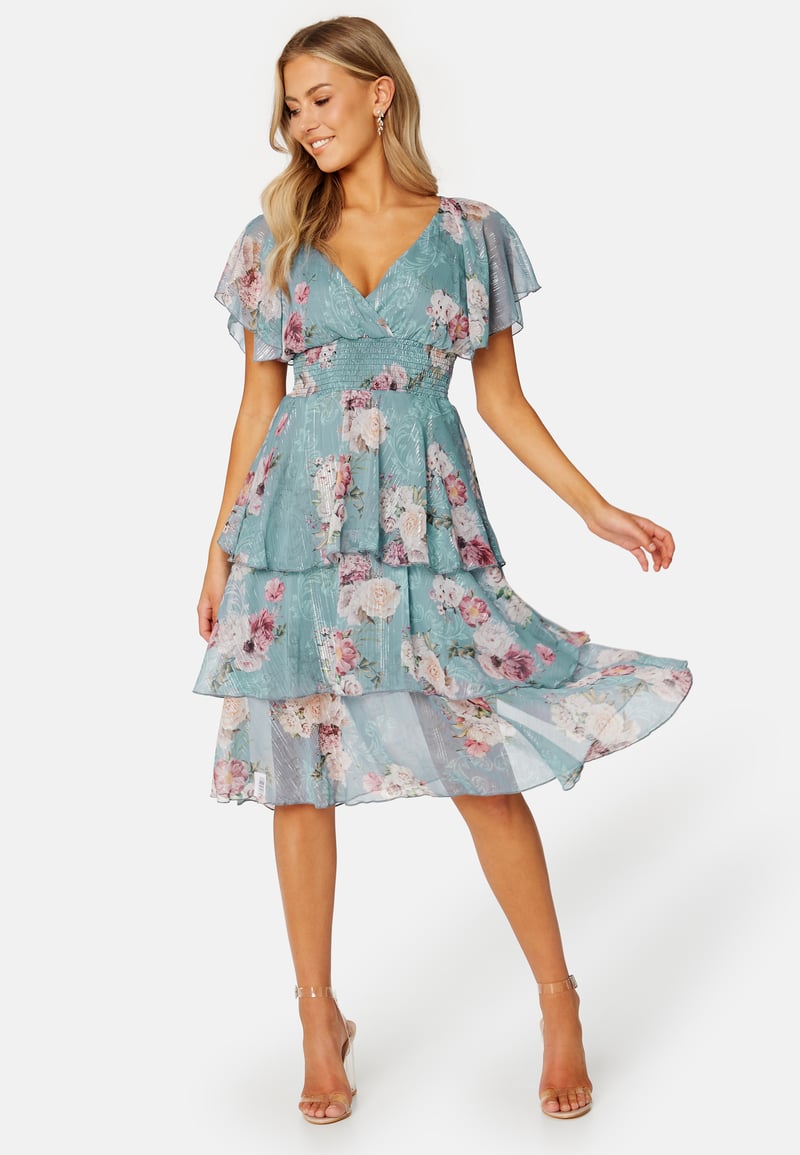 Goddiva Floral Flutter Tiered Midi Dress