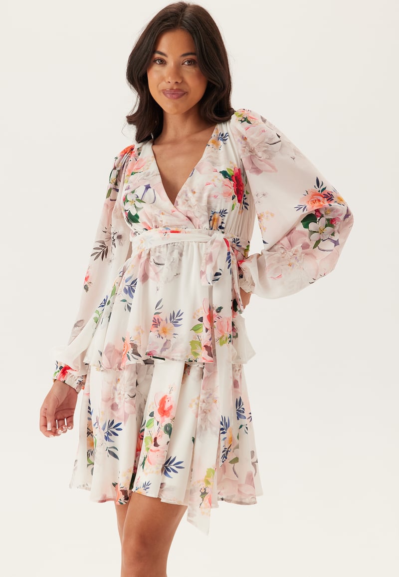 Goddiva Floral Long Sleeve Tiered Skater Dress
