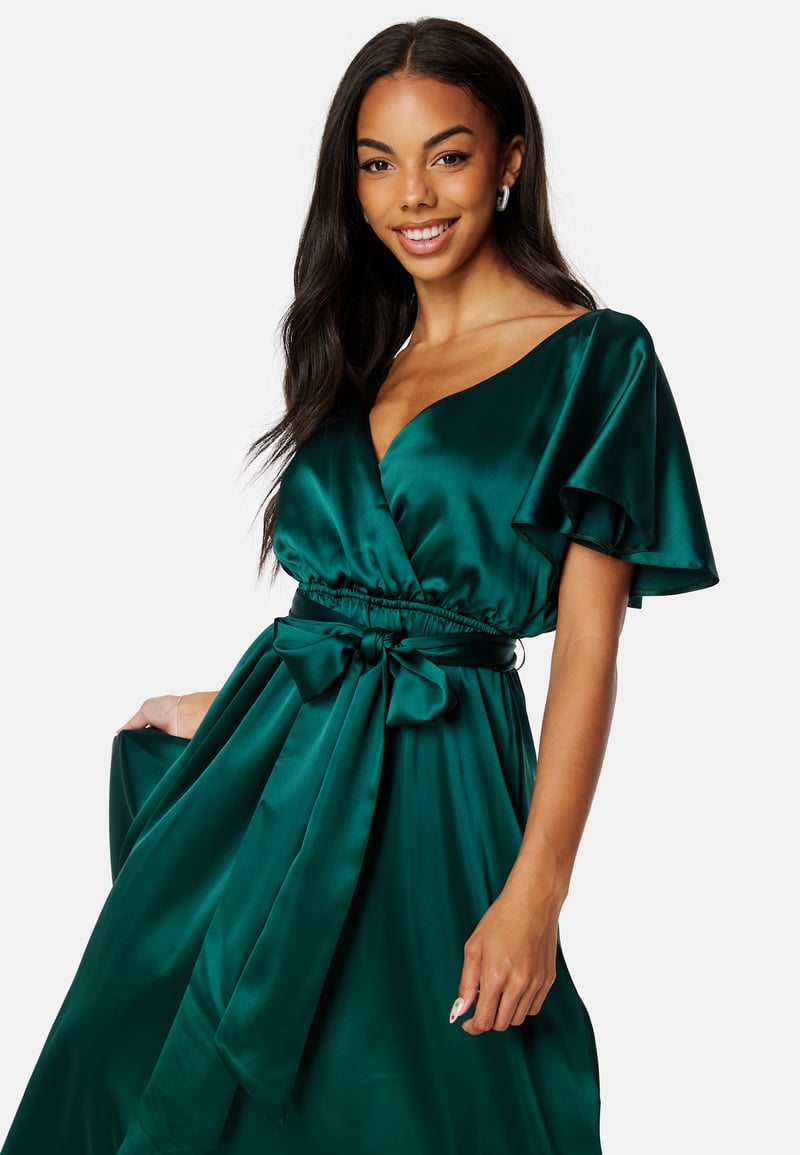 Goddiva Flutter Sleeve Satin Midi Dress