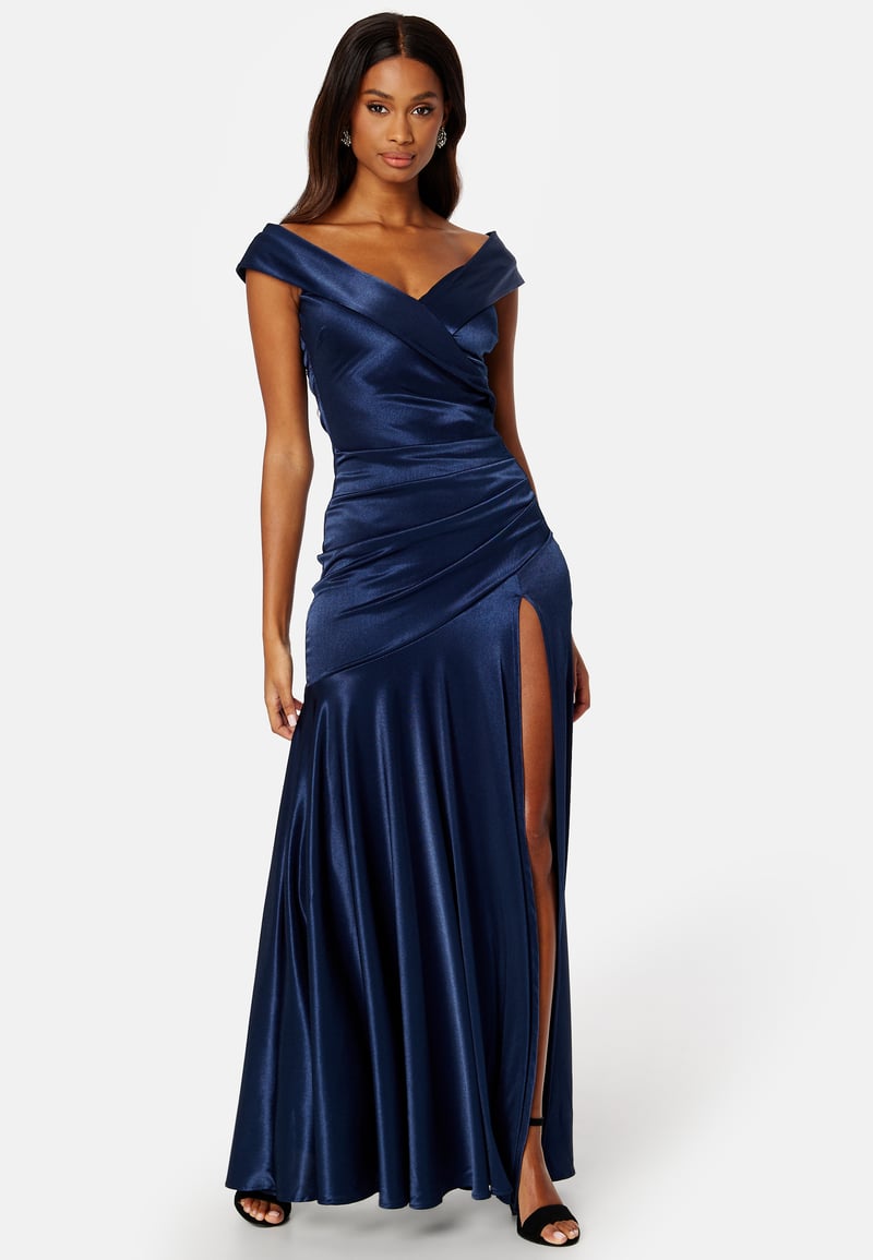 Goddiva Satin Bardot Pleat Maxi With Split