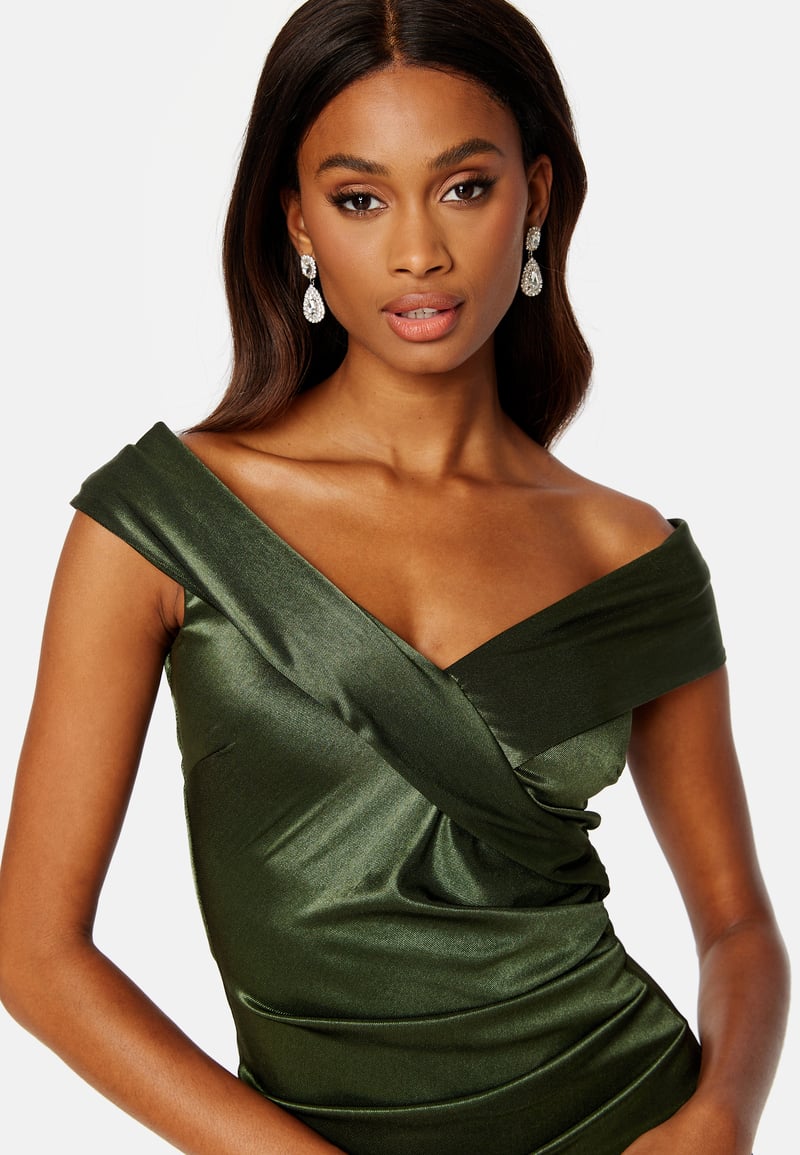 Goddiva Satin Bardot Pleat Maxi With Split