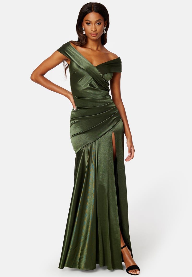Goddiva Satin Bardot Pleat Maxi With Split