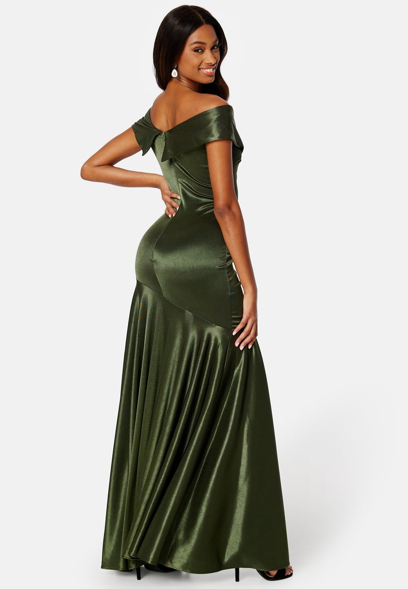 Goddiva Satin Bardot Pleat Maxi With Split