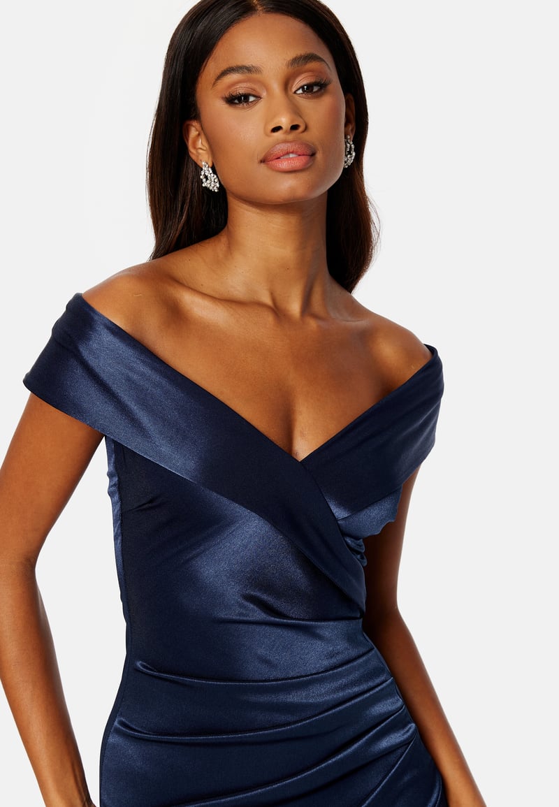 Goddiva Satin Bardot Pleat Maxi With Split