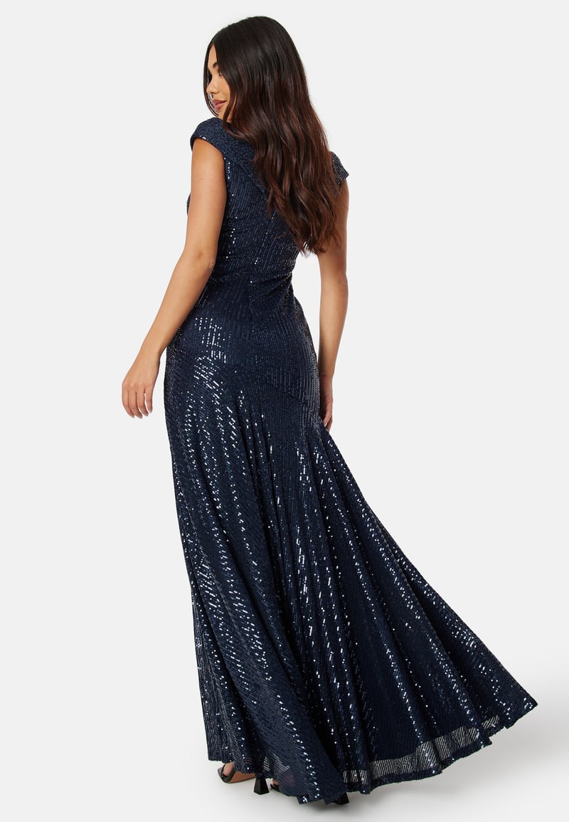 Goddiva Sequin Bardot Pleat Maxi With Split