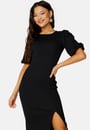 puff-sleeve-slit-dress-black