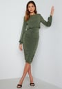long-sleeve-rouched-midi-dress-khaki