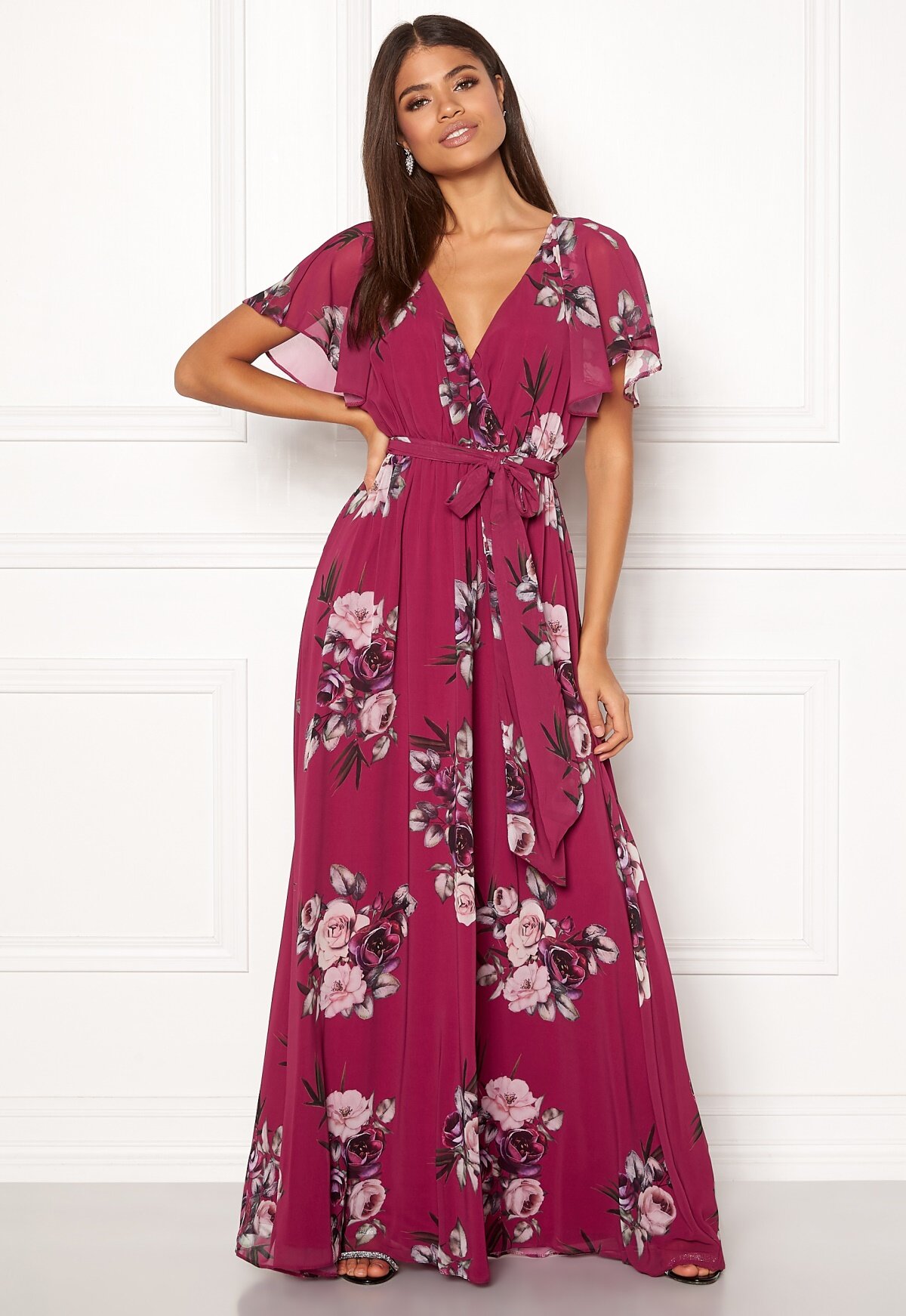 Goddiva Floral Sleeve Maxi Dress Berry Bubbleroom 5604