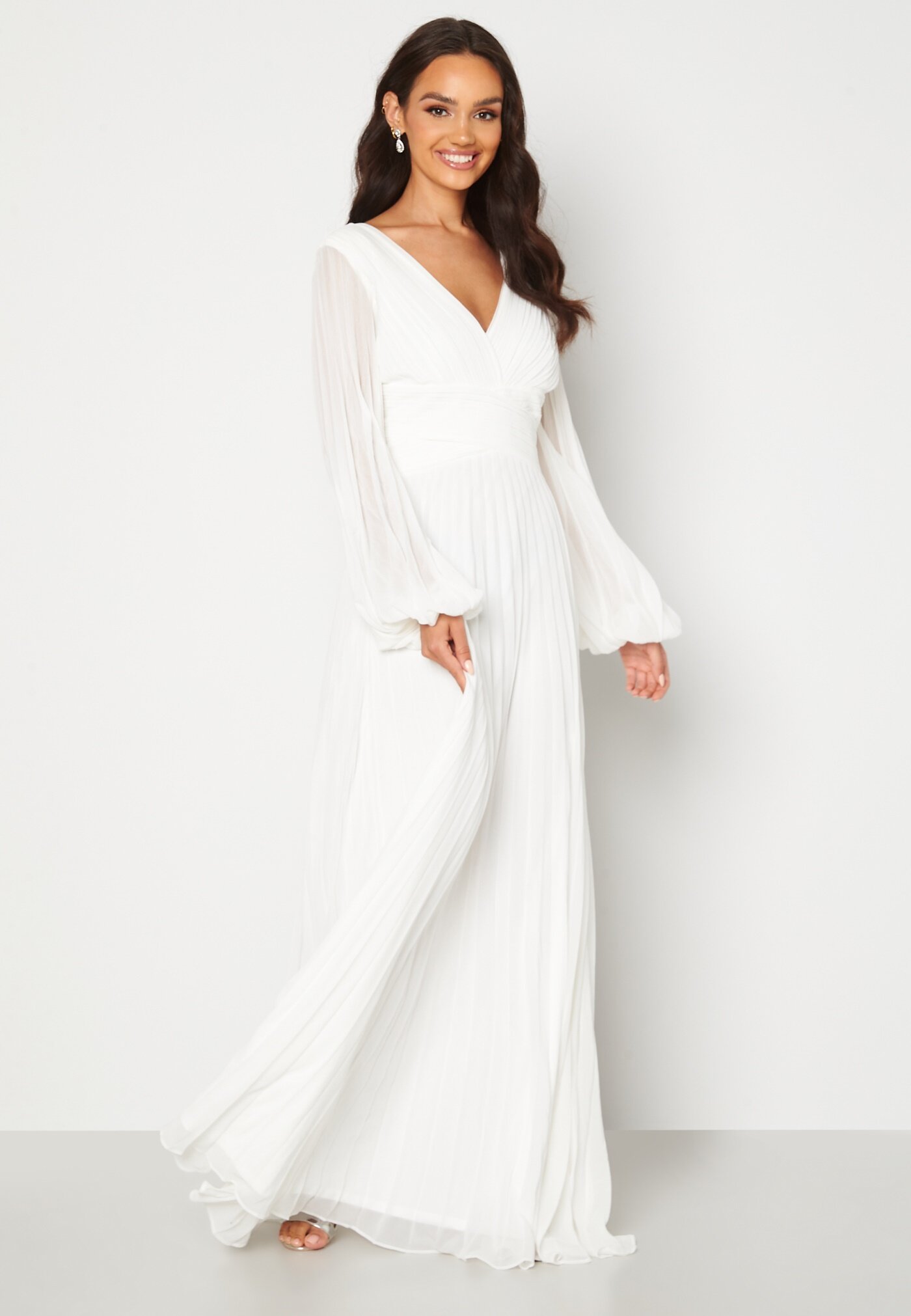 Goddiva Pleated Balloon Sleeve Maxi Dress White White - Bubbleroom