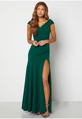 Goddiva Bardot Pleat Maxi Split Dress