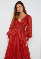 Goddiva Ditsy Long Sleeve Shirred Midi Dress