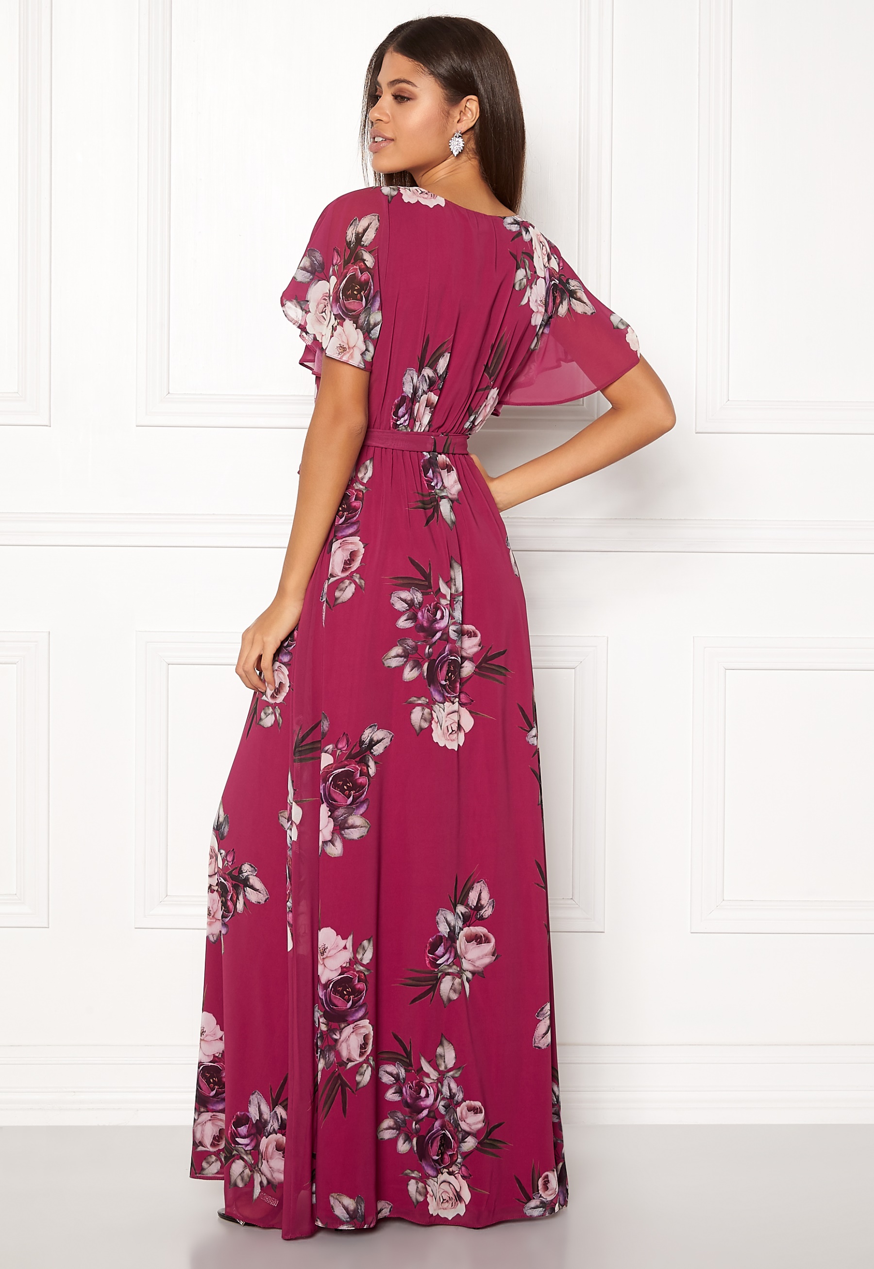 Goddiva Floral Sleeve Maxi Dress Berry - Bubbleroom