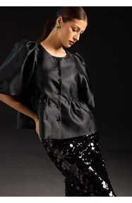 Bubbleroom Occasion Puff Sleeve Peplum Satin Blouse