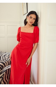 BUBBLEROOM Puff Sleeve Linen Blend Dress