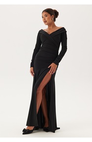 Goddiva Long Sleeve Bardot Pleat Maxi With Split