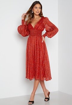 Goddiva Ditsy Long Sleeve Shirred Midi Dress Red bubbleroom.se