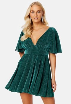 Goddiva Flutter Sleeve Glitter Skater Dress Emerald bubbleroom.se