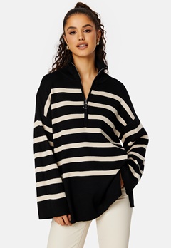 Object Collectors Item Ester L/S Knit Zip Pullover Black Stripes:Sandsh bubbleroom.se