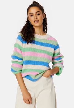 Pieces Tascha LS O Neck Knit Absinthe Green Strip bubbleroom.se