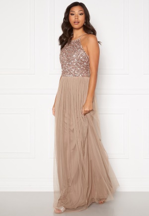 AngelEye High Neck Sequin Maxi Dress Taupe L (UK14)