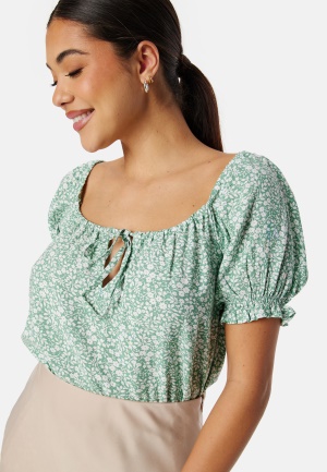 BUBBLEROOM Front Tie Blouse Green/Patterned S