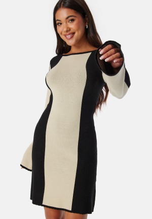 Läs mer om BUBBLEROOM Striped Long Sleeve Knitted Dress Cream/Black S