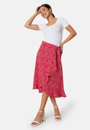 Bilde av Bubbleroom Flounce Midi Wrap Skirt Red/patterned M
