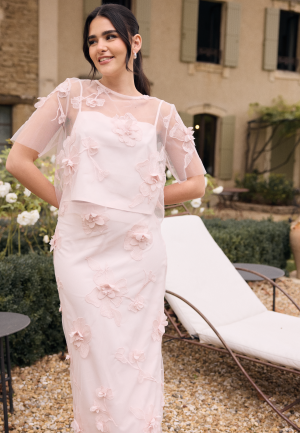 Läs mer om Bubbleroom Occasion 3D Floral Straight Ankle Skirt Light pink XL