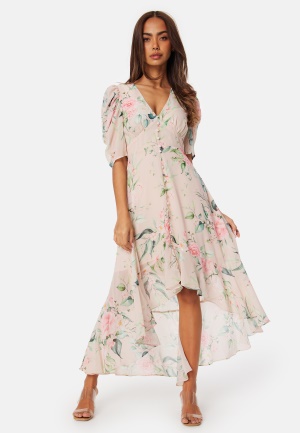 Bubbleroom Occasion High-Low Short Sleeve Dress Dusty pink/Floral 36