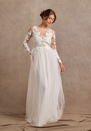 Image of Bubbleroom Occasion Floral Embroidered Tulle Wedding Gown White 40