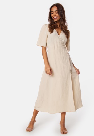 Läs mer om BUBBLEROOM Linen Blend Wrap Dress Light beige XL