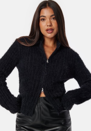 Läs mer om BUBBLEROOM Rib Knitted Zip Cardigan Black XL