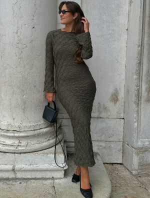 Läs mer om BUBBLEROOM Structure Long Sleeve Midi Dress Khaki green XL