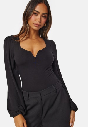 Läs mer om BUBBLEROOM Square V-neck Long Sleeve Puff Top Black XS