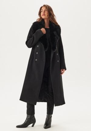 Läs mer om Chiara Forthi Fur Collar Belted Wool Blend Coat Black L