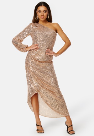 Läs mer om Elle Zeitoune Leon One Shoulder Sequin Dress Rose Gold XL (UK16)
