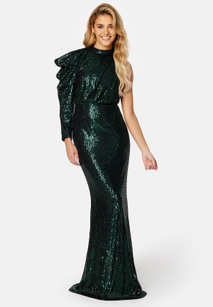 Läs mer om Elle Zeitoune Lily One Shoulder Sequin Dress Emerald Green L (UK14)