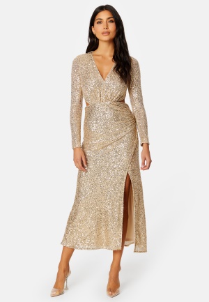 FOREVER NEW Rylie Sequin Cut Out Dress Soft Gold 34