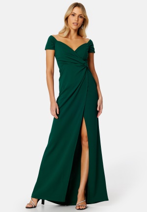 Bilde av Goddiva Bardot Knot Front Maxi Dress Emerald Xl (uk16)