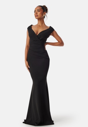 Läs mer om Goddiva Bardot Pleat Maxi Dress Black S (UK10)