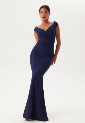 Läs mer om Goddiva Bardot Pleat Maxi Dress Dark blue M (UK12)