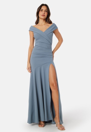 Bilde av Goddiva Bardot Pleat Maxi Split Dress Air Force Blue Xs (uk8)