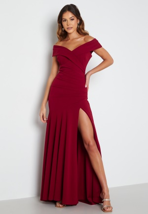 Bilde av Goddiva Bardot Pleat Maxi Split Dress Wine S (uk10)
