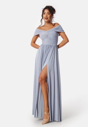 Läs mer om Goddiva Bardot Rouched Maxi Split Dress Light Blue XL (UK16)