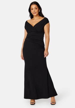 Läs mer om Goddiva Curve Bardot Pleat Maxi Dress Black 50 (UK22)