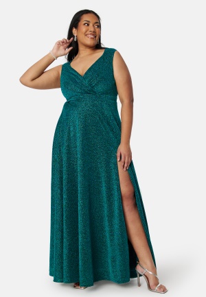 Bilde av Goddiva Curve Glitter Wrap Front Maxi Dress With Split Emerald 44 (uk16)